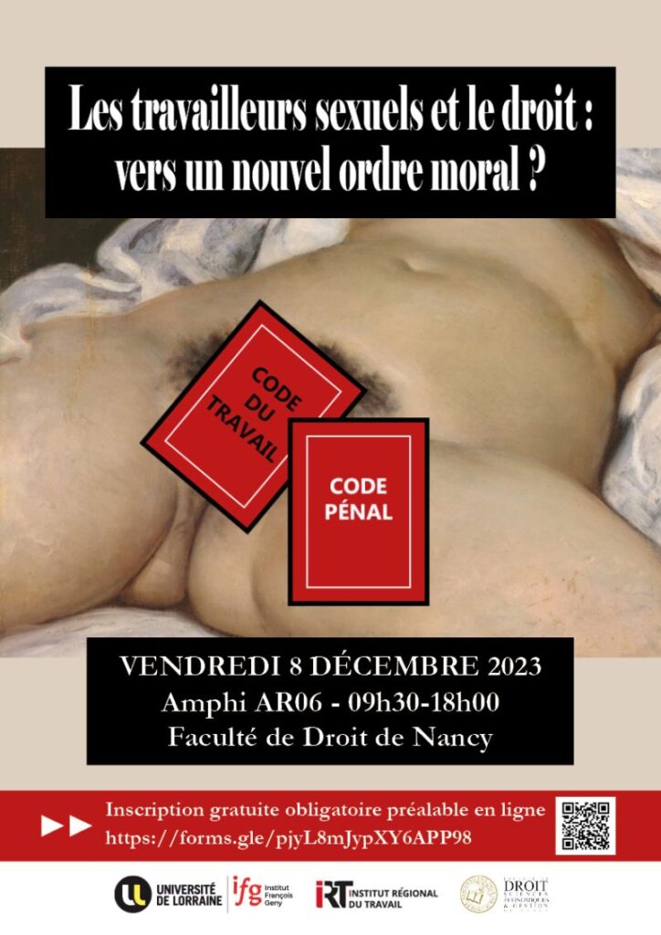 Affiche du colloque : tableau l'origine du monde dont le sexe est caché par un code du travail et par un code pénal